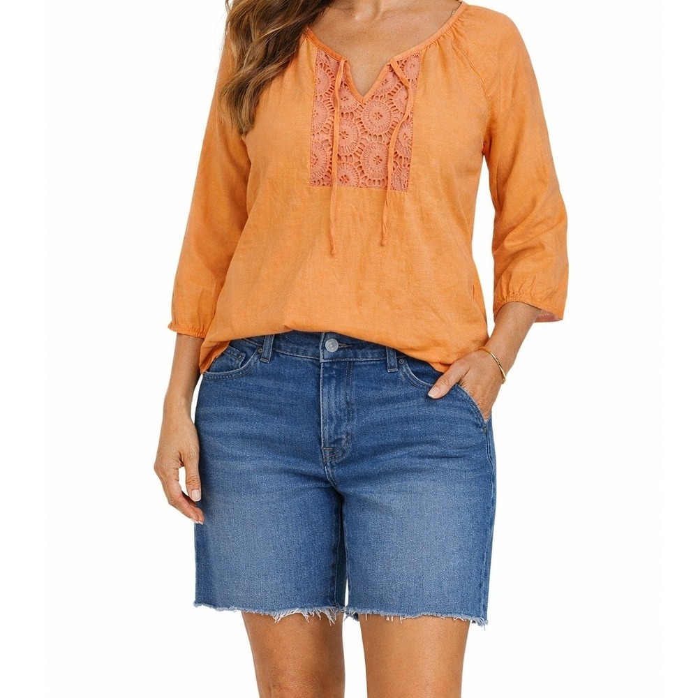 St Johns Bay Womens Orange Crochet Lace Bib‎ Tie Neck 3/4 Sleeve Blouse Top L